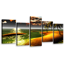 Load image into Gallery viewer, Hawaiian Beach Canvas Wall Art, Gold Tropical Paradise Palms Landscape Canvas Multi Canvas Artwork, Orange Ocean Beach Sunset 5 Piece Canvas Print
