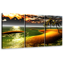 Load image into Gallery viewer, Hawaiian Beach Canvas Wall Art, Gold Tropical Paradise Palms Landscape Canvas Print, Orange Ocean Beach Sunset 3 Piece Canvas
