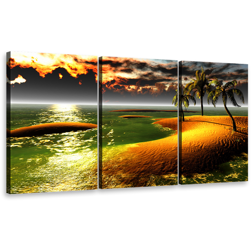 Hawaiian Beach Canvas Wall Art, Gold Tropical Paradise Palms Landscape Canvas Print, Orange Ocean Beach Sunset 3 Piece Canvas