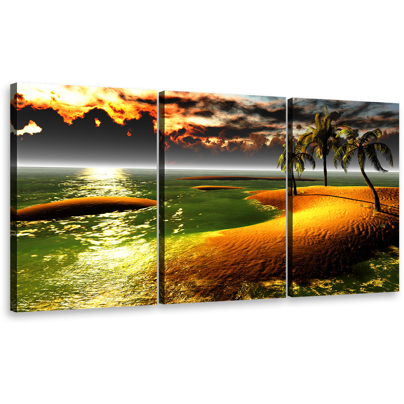 Hawaiian Beach Canvas Wall Art, Gold Tropical Paradise Palms Landscape Canvas Print, Orange Ocean Beach Sunset 3 Piece Canvas