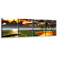 Load image into Gallery viewer, Hawaiian Beach Canvas Wall Art, Orange Ocean Beach Sunset Canvas Print, Gold Tropical Paradise Palms Landscape 4 Piece Multi Canvas
