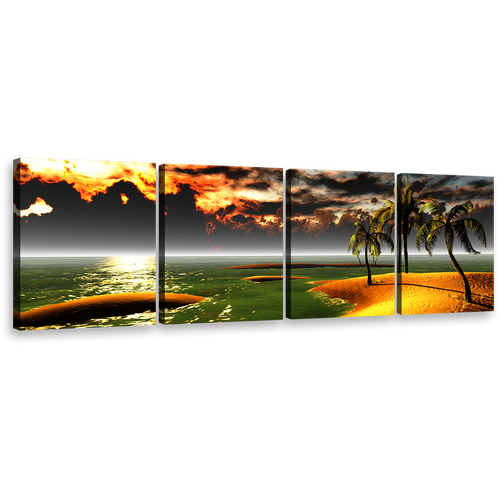 Hawaiian Beach Canvas Wall Art, Orange Ocean Beach Sunset Canvas Print, Gold Tropical Paradise Palms Landscape 4 Piece Multi Canvas