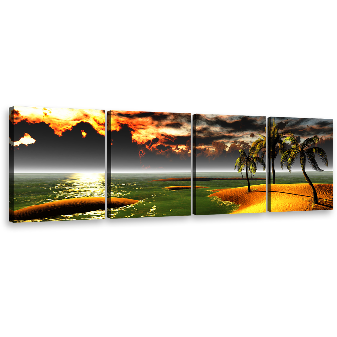 Hawaiian Beach Canvas Wall Art, Orange Ocean Beach Sunset Canvas Print, Gold Tropical Paradise Palms Landscape 4 Piece Multi Canvas