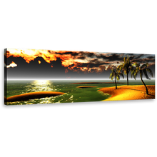 Load image into Gallery viewer, Hawaiian Beach Canvas Wall Art, Orange Ocean Beach Sunset Panoramic Canvas, Gold Tropical Paradise Palms Landscape 1 Piece Canvas Print
