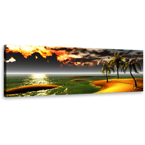 Hawaiian Beach Canvas Wall Art, Orange Ocean Beach Sunset Panoramic Canvas, Gold Tropical Paradise Palms Landscape 1 Piece Canvas Print