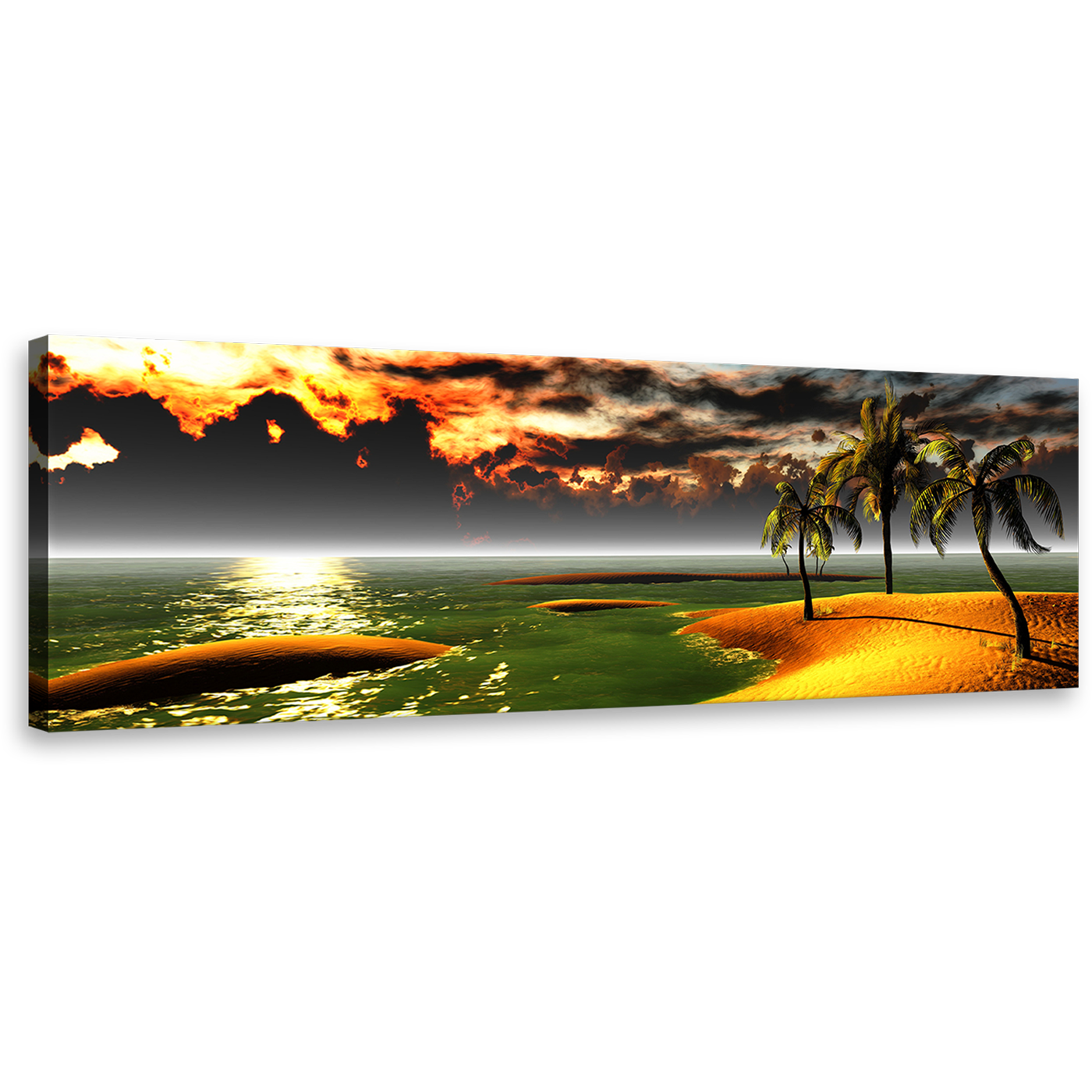 Hawaiian Beach Canvas Wall Art, Orange Ocean Beach Sunset Panoramic Canvas, Gold Tropical Paradise Palms Landscape 1 Piece Canvas Print