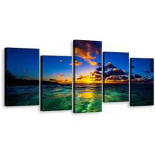 Load image into Gallery viewer, Hawaiian Ocean Canvas Wall Art, North Shore of Oahu Canvas Set, Blue Ocean Sky Seascape Multiple Canvas, Yellow Hawaiian Cloudy Sunset 5 Piece Canvas Print
