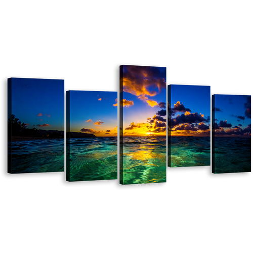 Hawaiian Ocean Canvas Wall Art, North Shore of Oahu Canvas Set, Blue Ocean Sky Seascape Multiple Canvas, Yellow Hawaiian Cloudy Sunset 5 Piece Canvas Print