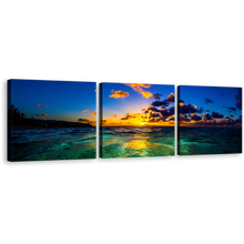 Load image into Gallery viewer, Hawaiian Sunset Canvas Wall Art, Blue Ocean Sky Triptych Canvas Print, Sea Green Hawaiian Ocean Canvas Set, North Shore of Oahu Seascape 3 Piece Canvas
