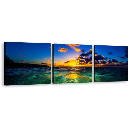 Hawaiian Sunset Canvas Wall Art, Blue Ocean Sky Triptych Canvas Print, Sea Green Hawaiian Ocean Canvas Set, North Shore of Oahu Seascape 3 Piece Canvas