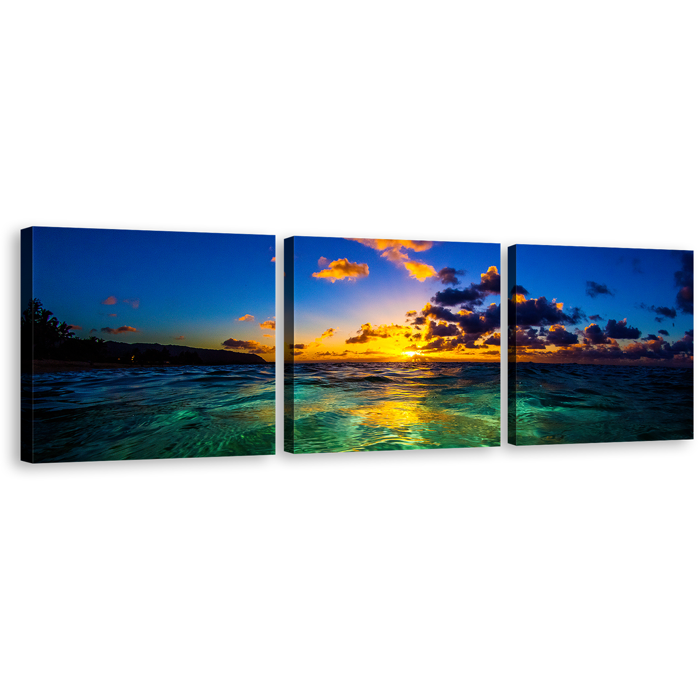 Hawaiian Sunset Canvas Wall Art, Blue Ocean Sky Triptych Canvas Print, Sea Green Hawaiian Ocean Canvas Set, North Shore of Oahu Seascape 3 Piece Canvas