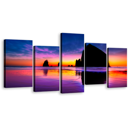 Haystack Ocean Canvas Wall Art, Blue Orange Sky Cannon Beach Canvas Print, Ocean Rocks 5 Piece Multiple Canvas