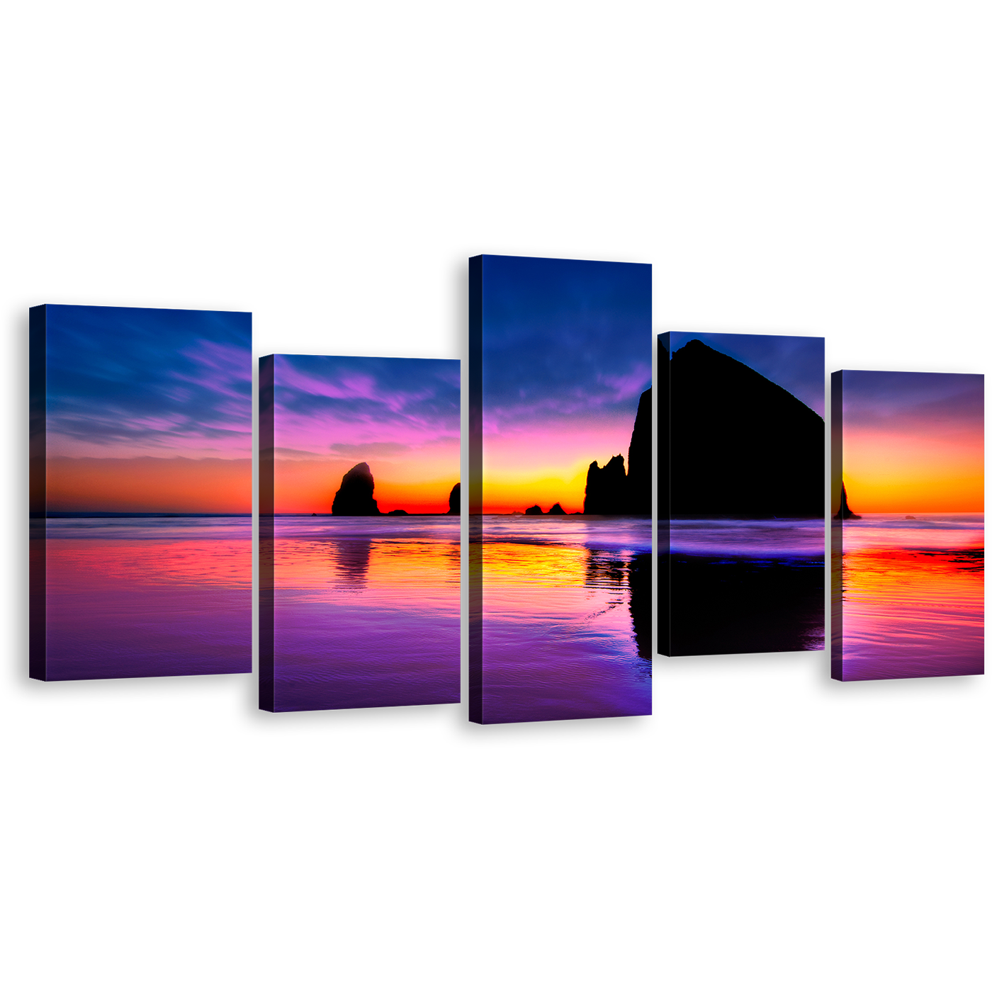 Haystack Ocean Canvas Wall Art, Blue Orange Sky Cannon Beach Canvas Print, Ocean Rocks 5 Piece Multiple Canvas