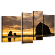 Load image into Gallery viewer, Haystack Ocean Canvas Wall Art, Yellow Sky Cannon Beach Canvas Print, The Needles Multi Canvas, Black Ocean Rocks 4 Piece Canvas
