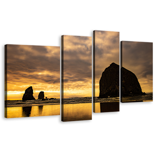 Haystack Ocean Canvas Wall Art, Yellow Sky Cannon Beach Canvas Print, The Needles Multi Canvas, Black Ocean Rocks 4 Piece Canvas