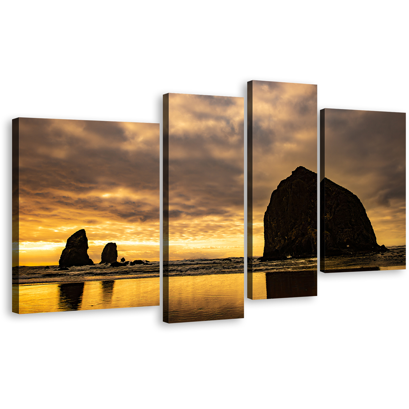 Haystack Ocean Canvas Wall Art, Yellow Sky Cannon Beach Canvas Print, The Needles Multi Canvas, Black Ocean Rocks 4 Piece Canvas