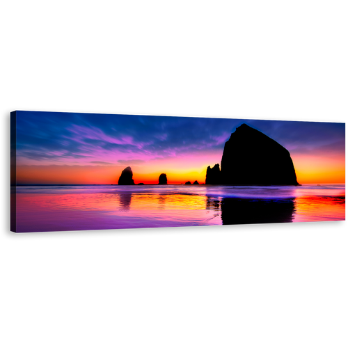 Haystack Rock Canvas Wall Art, Orange Ocean Sunset Rocks 1 Piece Canvas, Blue Sky Evening Cannon Beach Canvas Print