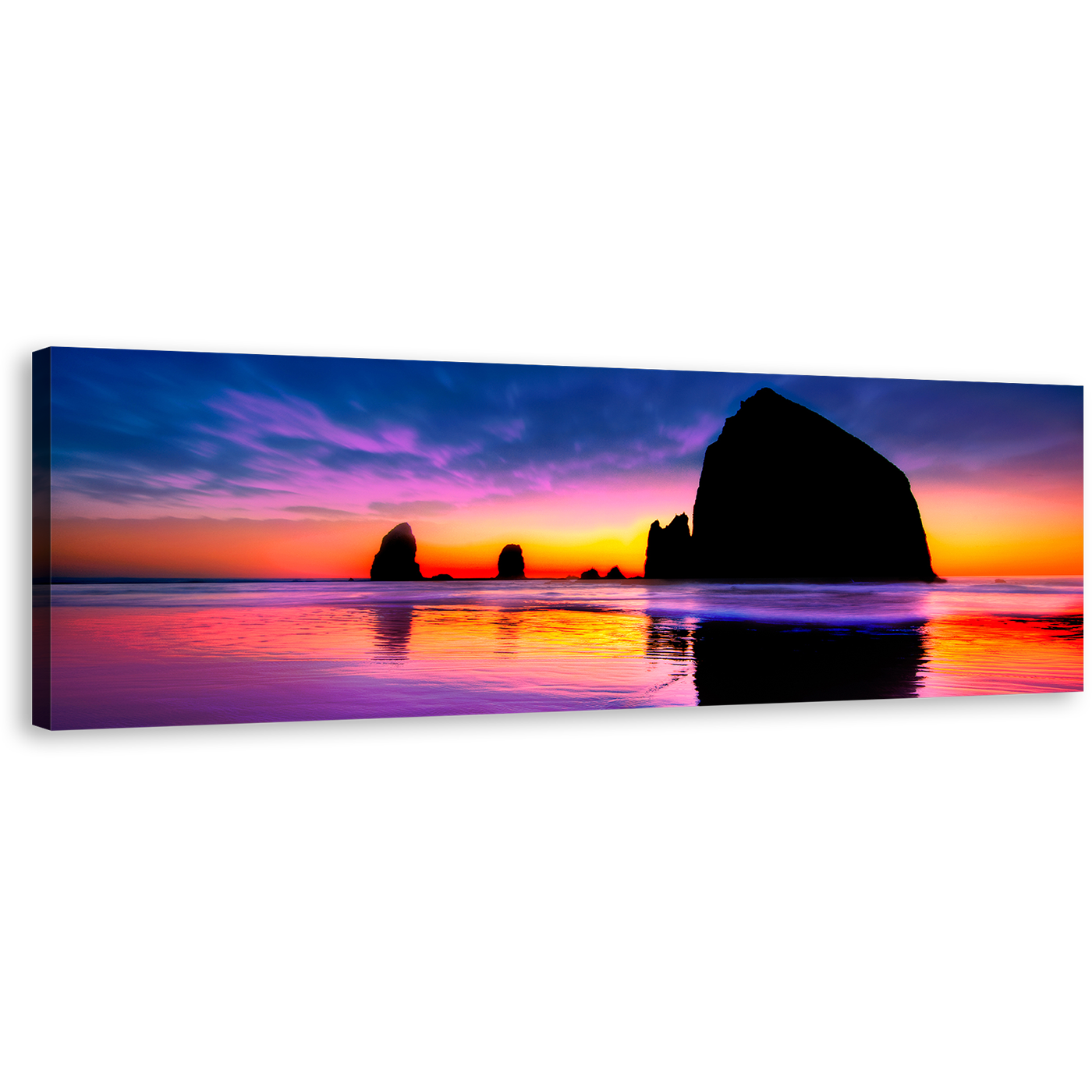 Haystack Rock Canvas Wall Art, Orange Ocean Sunset Rocks 1 Piece Canvas, Blue Sky Evening Cannon Beach Canvas Print