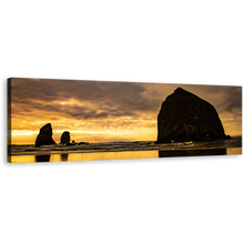 Load image into Gallery viewer, Haystack Rock Canvas Wall Art, Yellow Sunset Ocean 1 Piece Canvas, Black Ocean Rocks Wide Canvas, Black Cannon Beach Canvas Print
