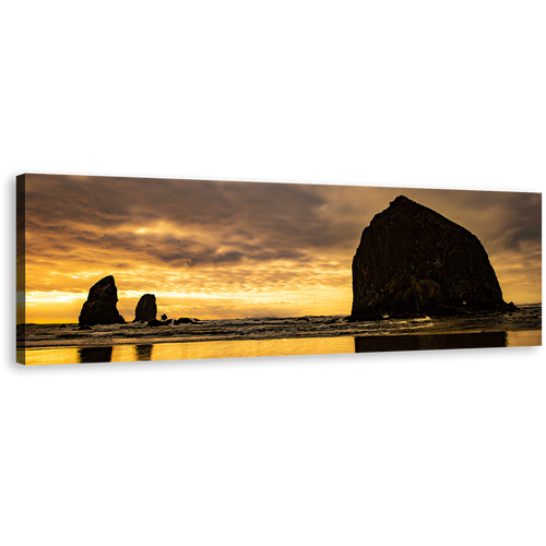 Haystack Rock Canvas Wall Art, Yellow Sunset Ocean 1 Piece Canvas, Black Ocean Rocks Wide Canvas, Black Cannon Beach Canvas Print