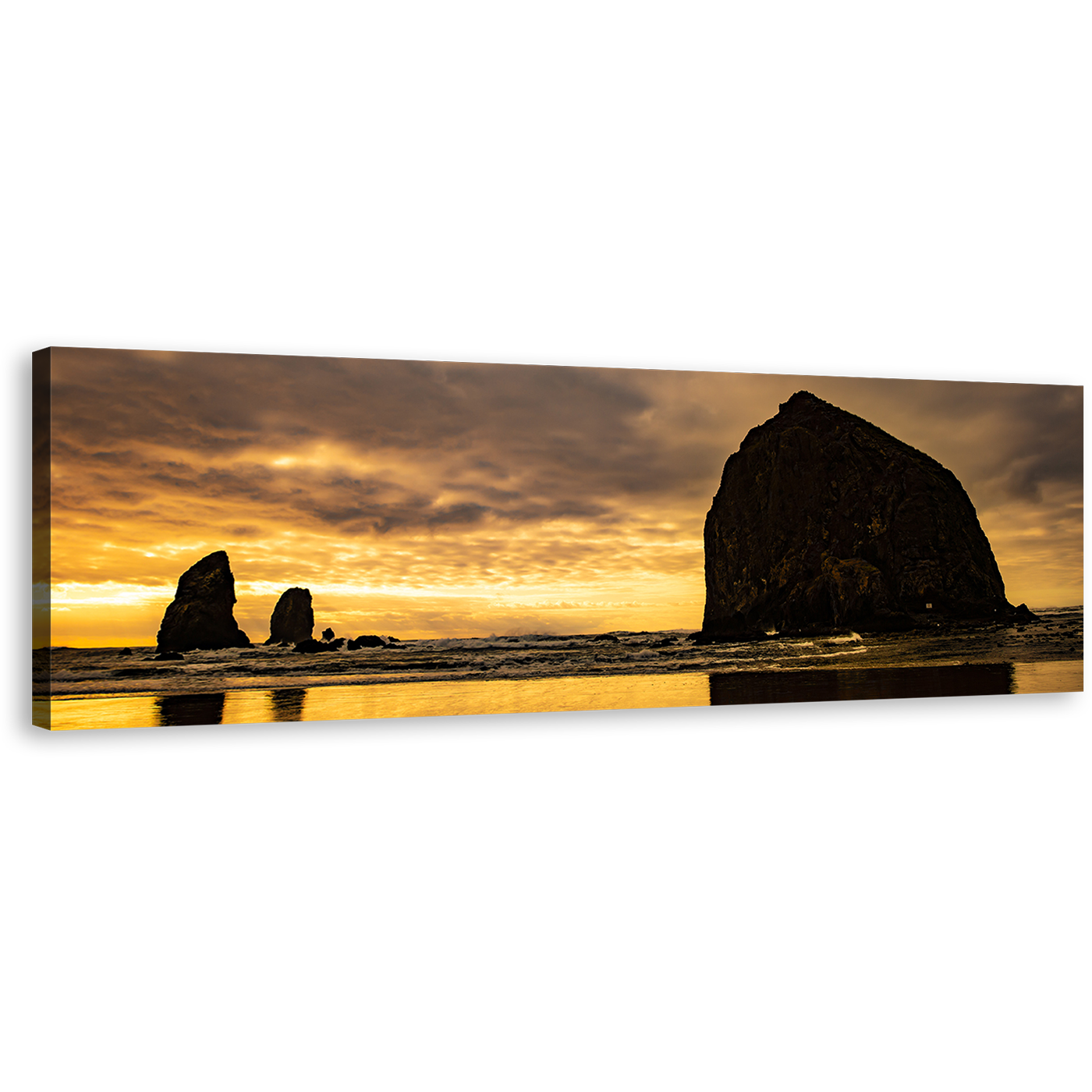 Haystack Rock Canvas Wall Art, Yellow Sunset Ocean 1 Piece Canvas, Black Ocean Rocks Wide Canvas, Black Cannon Beach Canvas Print