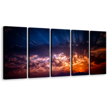 Load image into Gallery viewer, Heavenly Abstract Canvas Wall Art, Blue Orange Cloudy Sunset Canvas Print, Beautiful Abstract Sunbeam Sky 5 Piece Canvas
