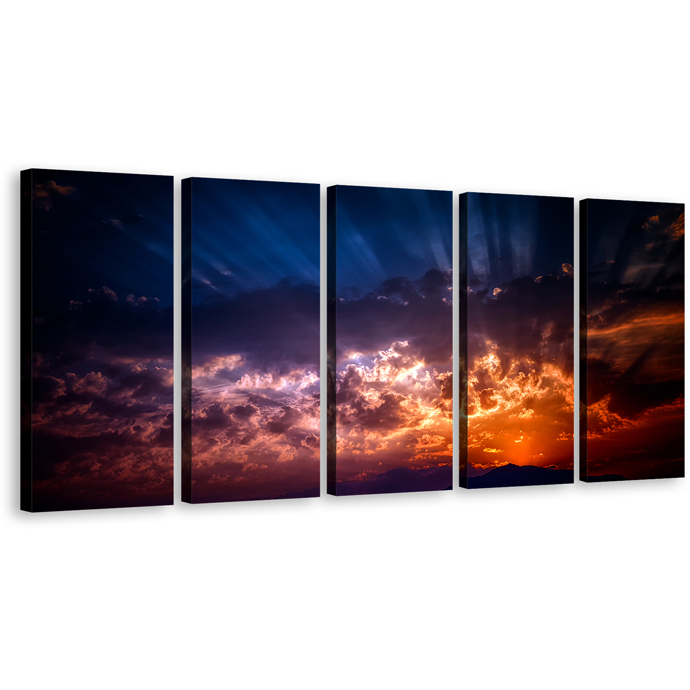 Heavenly Abstract Canvas Wall Art, Blue Orange Cloudy Sunset Canvas Print, Beautiful Abstract Sunbeam Sky 5 Piece Canvas