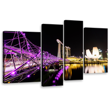 Load image into Gallery viewer, Helix Bridge Wall Art, Singapore Yellow Purple City Bridge 4 Piece Canvas Print, Marina Bay Casino Hotel Resort Reflection Multiple Cavnas
