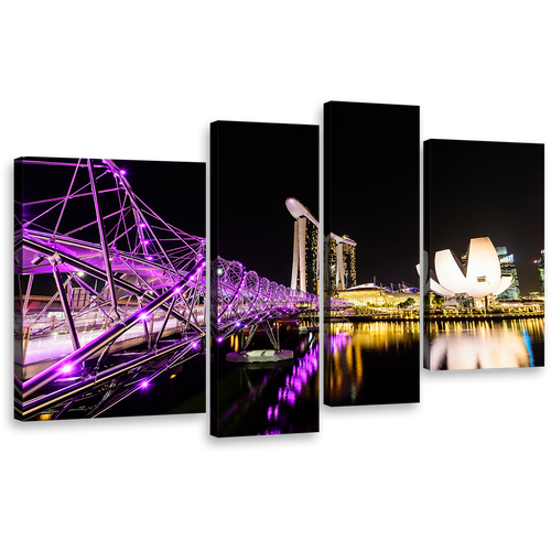 Helix Bridge Wall Art, Singapore Yellow Purple City Bridge 4 Piece Canvas Print, Marina Bay Casino Hotel Resort Reflection Multiple Cavnas