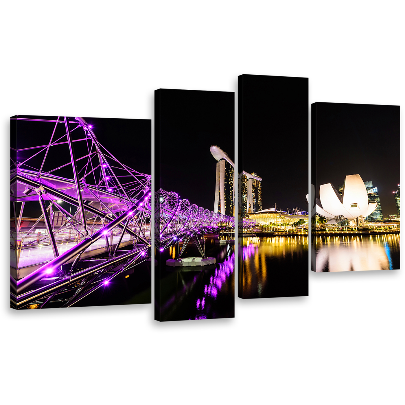 Helix Bridge Wall Art, Singapore Yellow Purple City Bridge 4 Piece Canvas Print, Marina Bay Casino Hotel Resort Reflection Multiple Cavnas