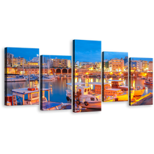 Load image into Gallery viewer, Heraklion Cityscape Multiple Canvas, Yellow Heraklion Town River Reflection Wall Art, Blue Sky City Lights 5 Piece Canvas Print
