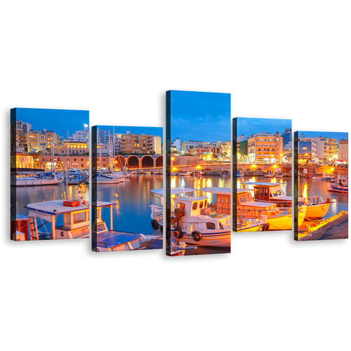 Heraklion Cityscape Multiple Canvas, Yellow Heraklion Town River Reflection Wall Art, Blue Sky City Lights 5 Piece Canvas Print