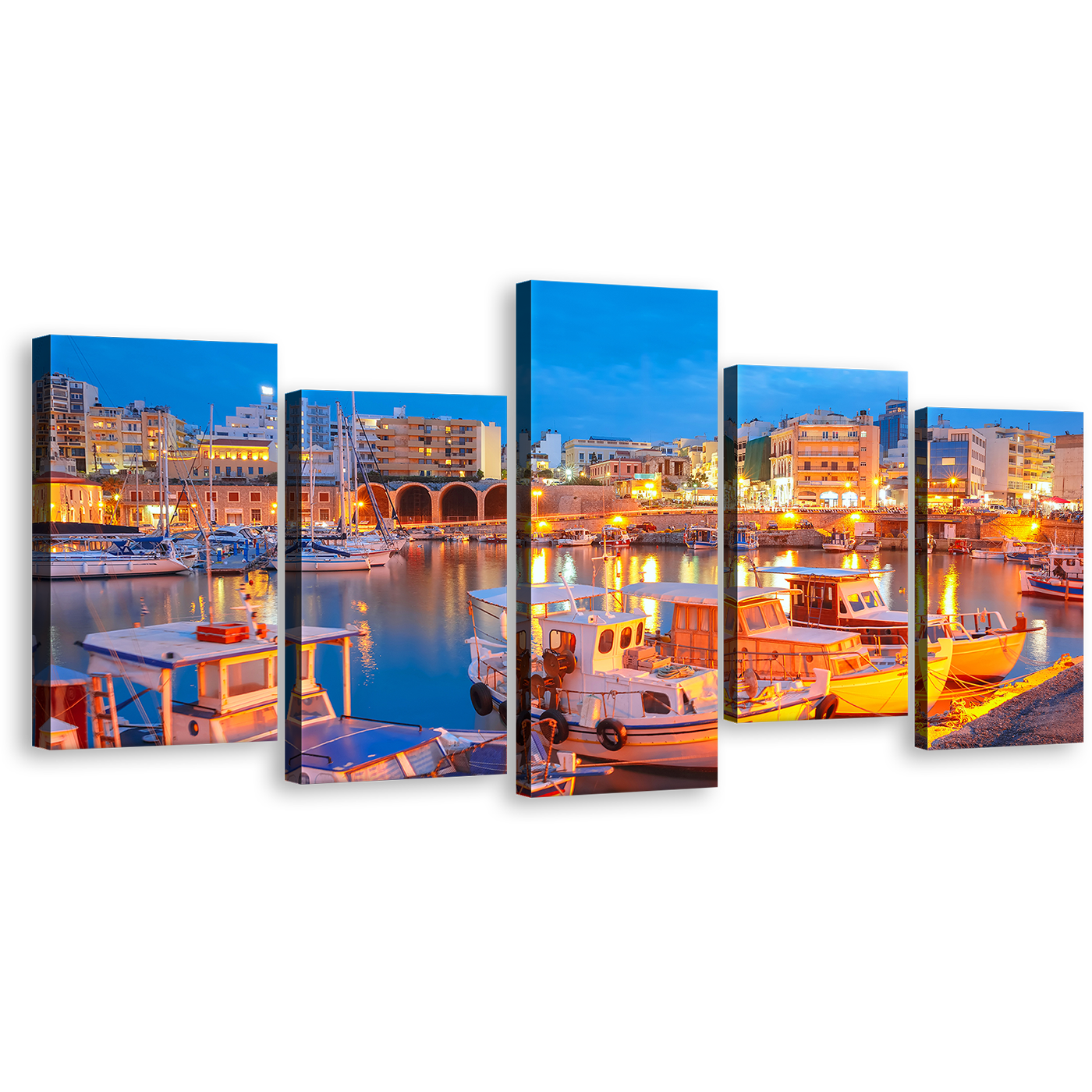 Heraklion Cityscape Multiple Canvas, Yellow Heraklion Town River Reflection Wall Art, Blue Sky City Lights 5 Piece Canvas Print