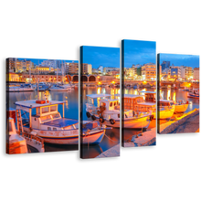 Load image into Gallery viewer, Heraklion River Wall Art, Blue Sky Harbors Canals Seascape 4 Piece Canvas Print, Yellow City Lights Canvas Set
