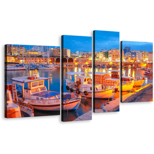 Heraklion River Wall Art, Blue Sky Harbors Canals Seascape 4 Piece Canvas Print, Yellow City Lights Canvas Set