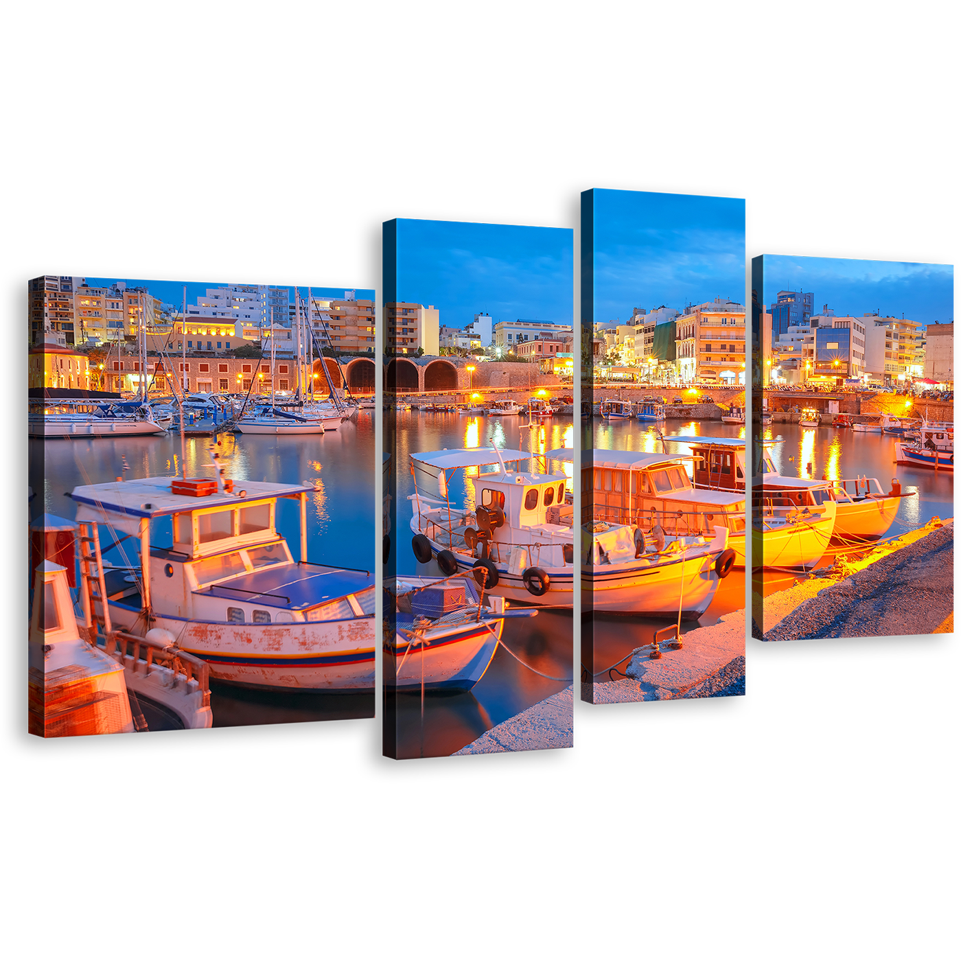 Heraklion River Wall Art, Blue Sky Harbors Canals Seascape 4 Piece Canvas Print, Yellow City Lights Canvas Set