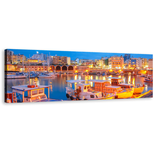 Heraklion Town Canvas Print, Greece Blue Sky Cityscape Wall Art, Yellow Harbors Canals River Reflection 1 Piece Canvas Art