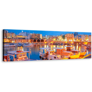 Heraklion Town Canvas Print, Greece Blue Sky Cityscape Wall Art, Yellow Harbors Canals River Reflection 1 Piece Canvas Art