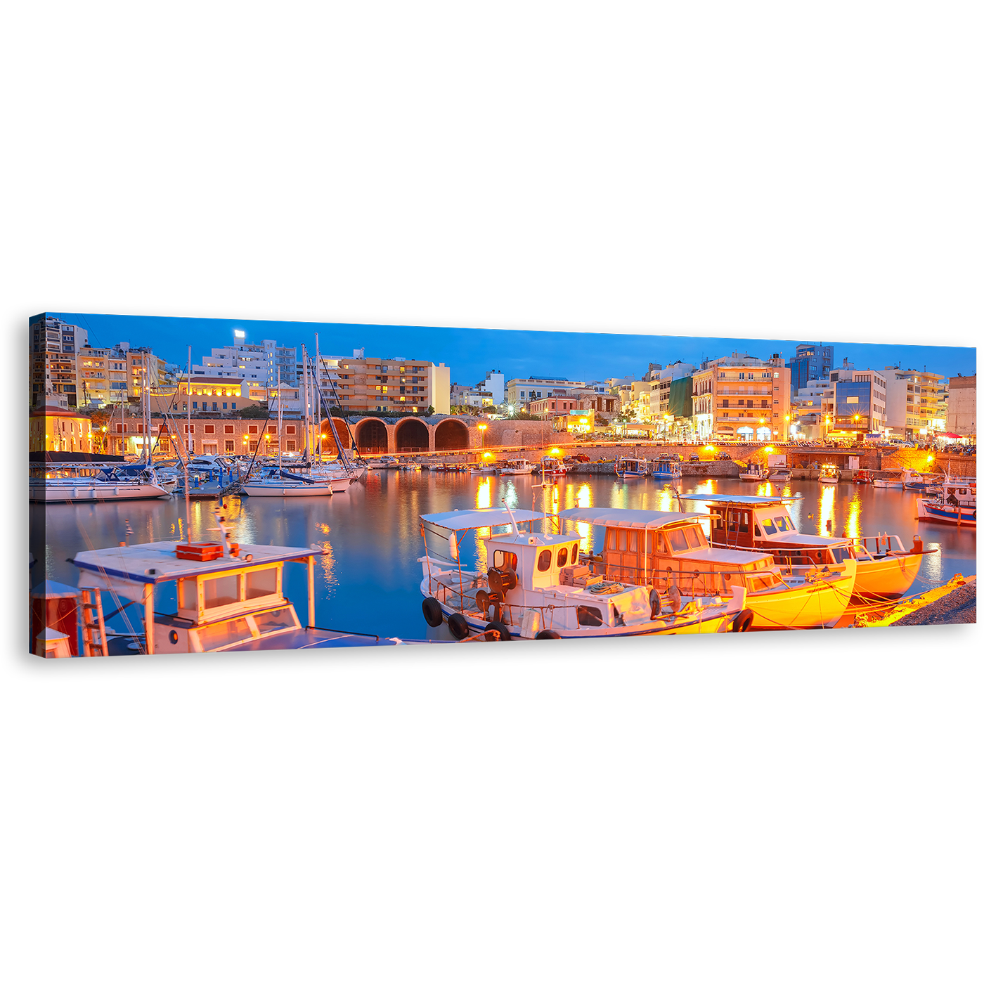 Heraklion Town Canvas Print, Greece Blue Sky Cityscape Wall Art, Yellow Harbors Canals River Reflection 1 Piece Canvas Art