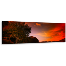 Load image into Gallery viewer, Highlands Lake Canvas Print, Dramatic Red Cloudy Sky Landscape 1 Piece Wall Art, Green Mountain Trees Wide Canvas Art
