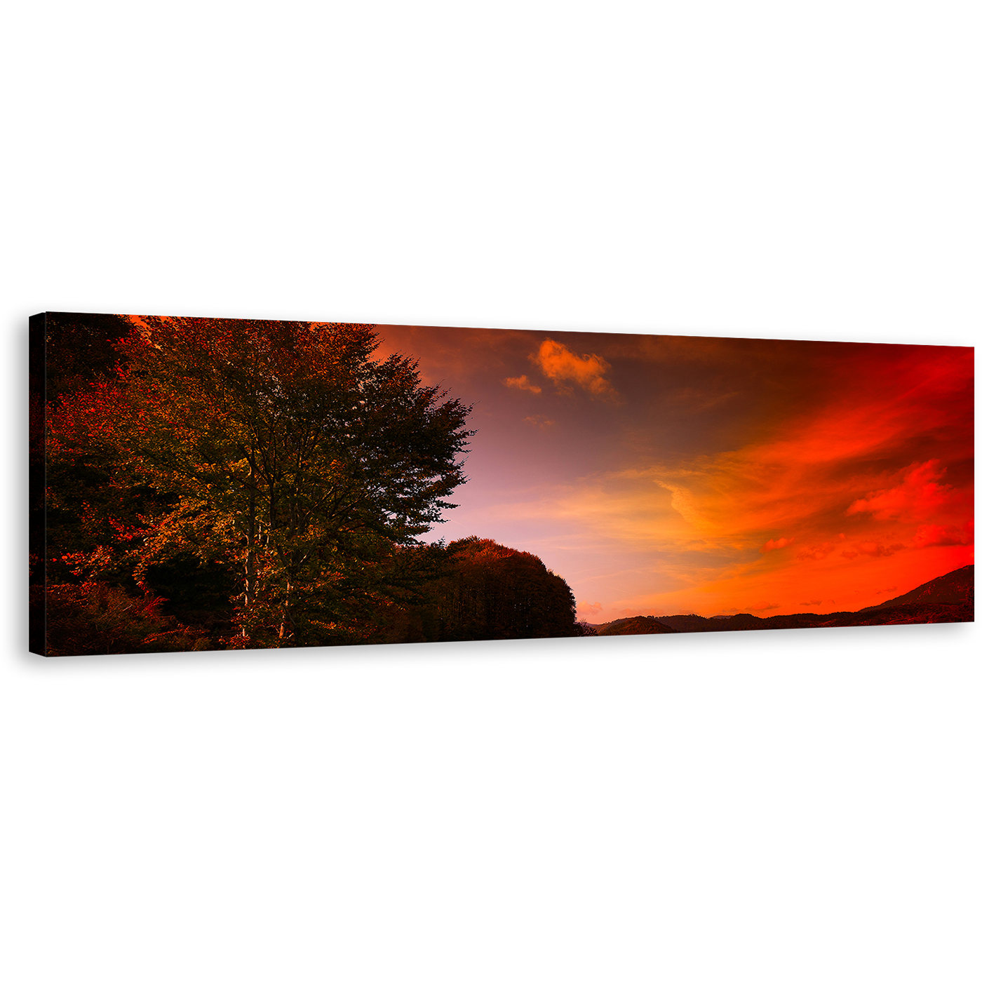 Highlands Lake Canvas Print, Dramatic Red Cloudy Sky Landscape 1 Piece Wall Art, Green Mountain Trees Wide Canvas Art