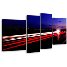 Load image into Gallery viewer, Highway Lights Canvas Print, Blue Sky Moving Traffic 4 Piece Canvas Wall Art, Moving Cars Red Light Trails Canvas Set
