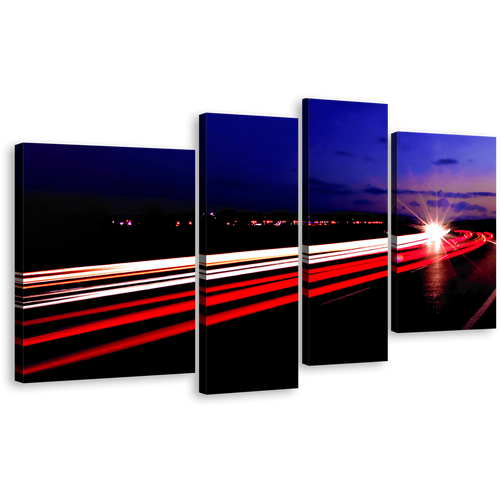 Highway Lights Canvas Print, Blue Sky Moving Traffic 4 Piece Canvas Wall Art, Moving Cars Red Light Trails Canvas Set