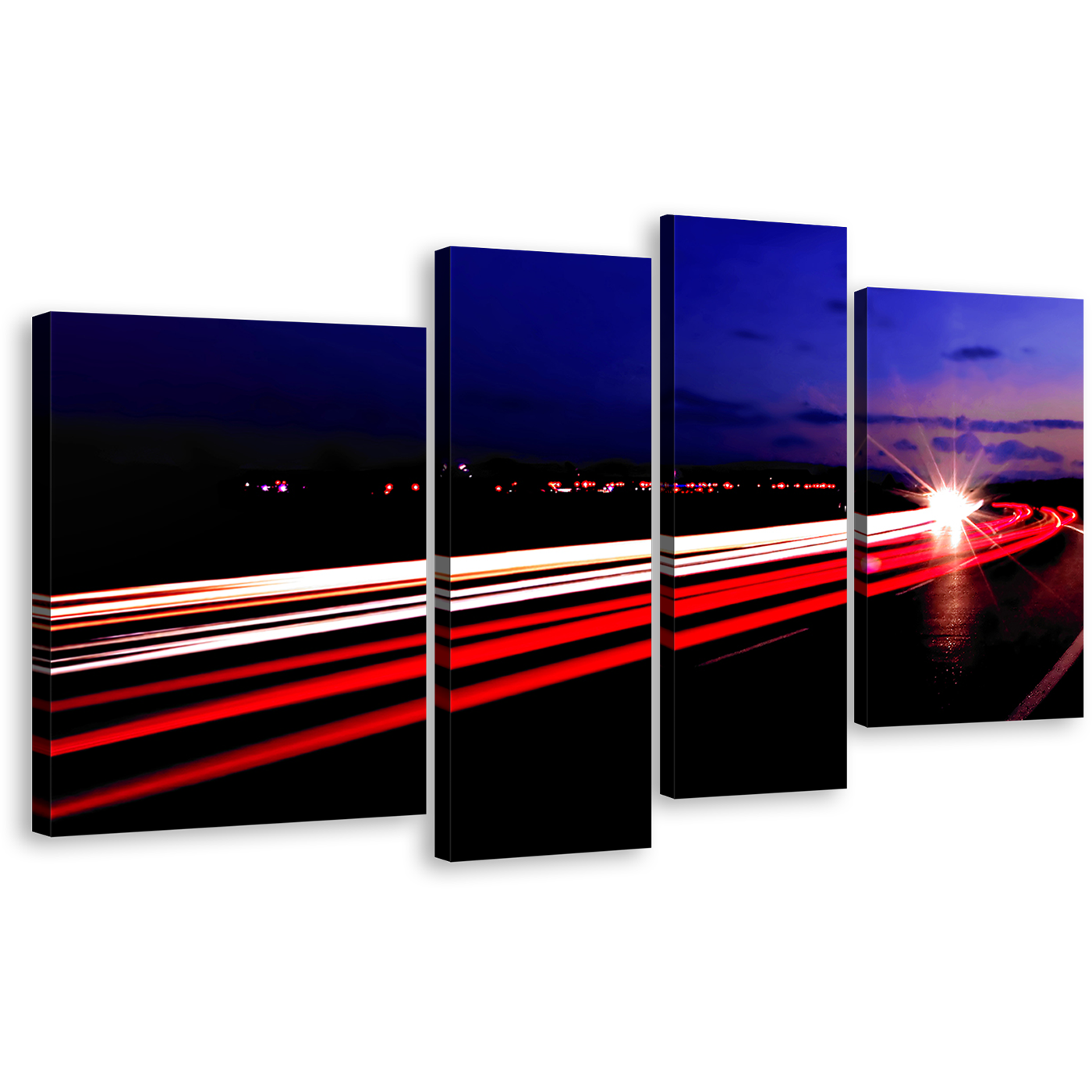 Highway Lights Canvas Print, Blue Sky Moving Traffic 4 Piece Canvas Wall Art, Moving Cars Red Light Trails Canvas Set