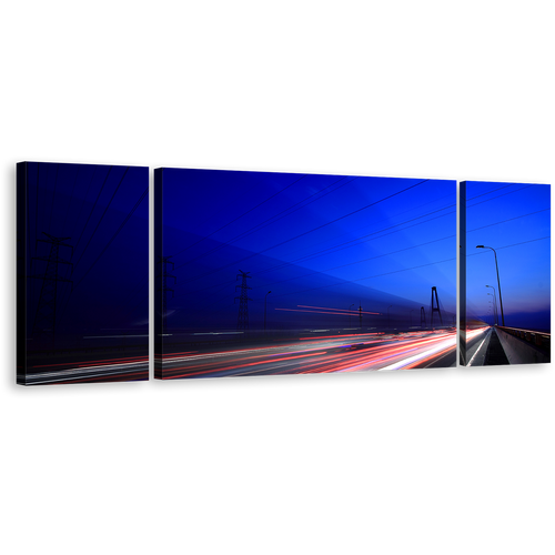 Highway Lights Wall Art, Light Trails Blue Sky 3 Piece Canvas Set, Red White Light Streaks Sunset Canvas Print