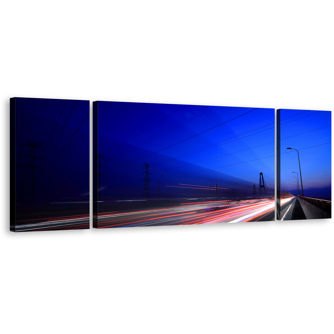 Highway Lights Wall Art, Light Trails Blue Sky 3 Piece Canvas Set, Red White Light Streaks Sunset Canvas Print