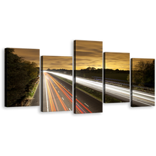 Load image into Gallery viewer, Highway Traffic Canvas Wall Art, Beautiful Yellow Sky Canvas Print, Motorway Bridge Canvas Set, White Light Trail 5 Piece Multi Canvas Artwork
