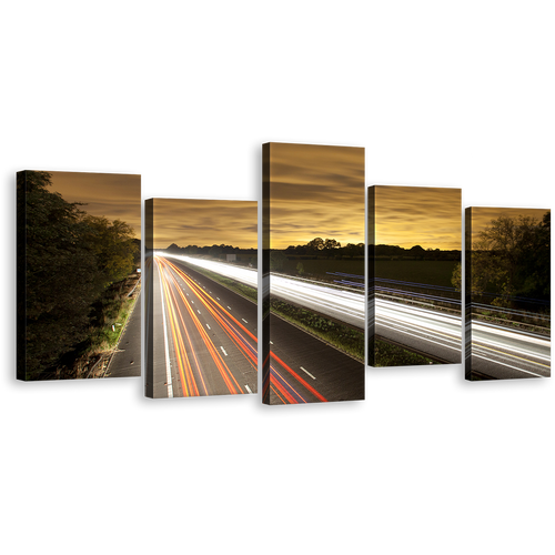 Highway Traffic Canvas Wall Art, Beautiful Yellow Sky Canvas Print, Motorway Bridge Canvas Set, White Light Trail 5 Piece Multi Canvas Artwork