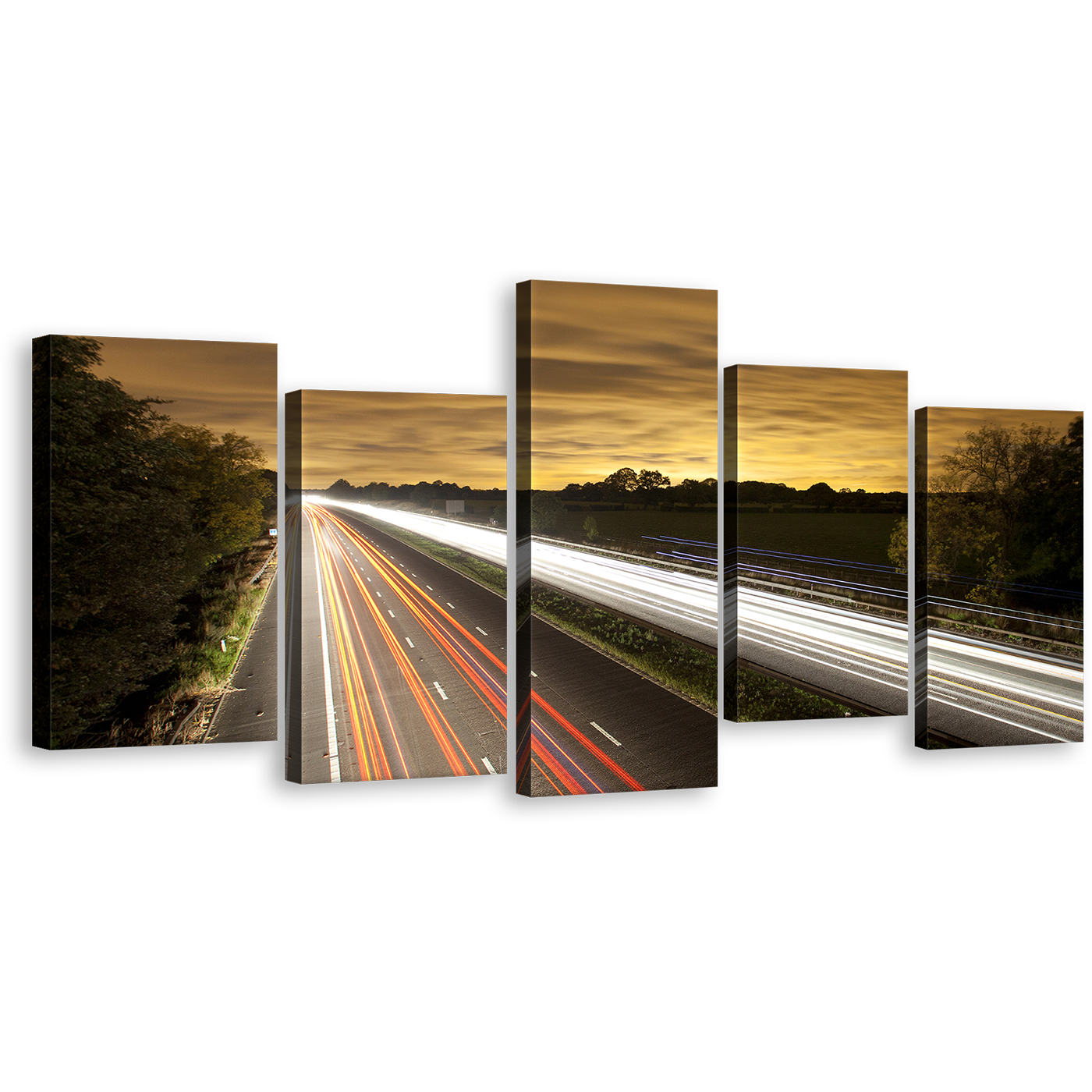 Highway Traffic Canvas Wall Art, Beautiful Yellow Sky Canvas Print, Motorway Bridge Canvas Set, White Light Trail 5 Piece Multi Canvas Artwork