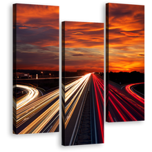 Load image into Gallery viewer, Highway Traffic Wall Art, Orange Sunset City Moving Car Canvas Print, Red Light Trails 3 Piece Multi Canvas
